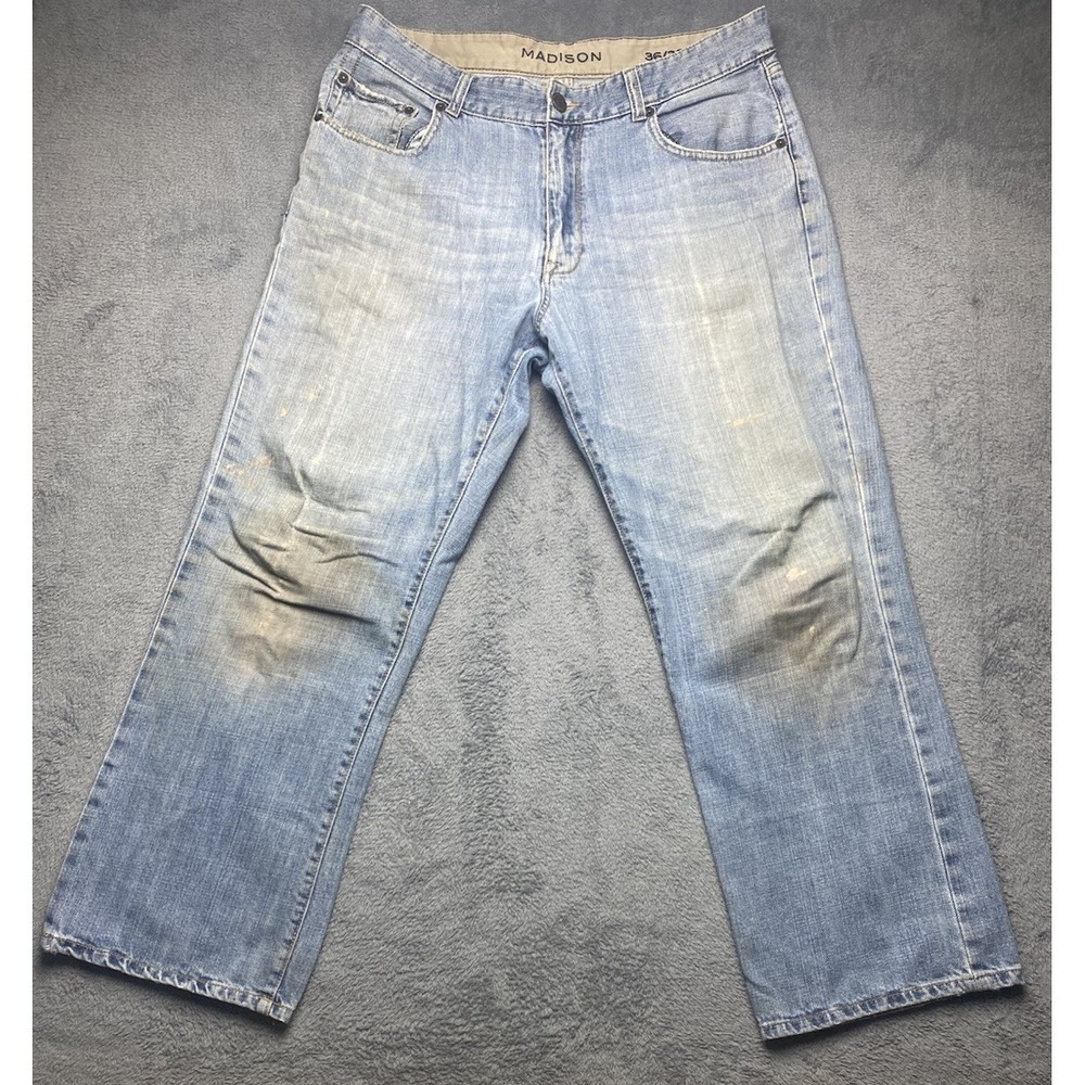 Madison Jeans Mens 36x30 Blue Straight Leg Distressed Paint‎ Workwear